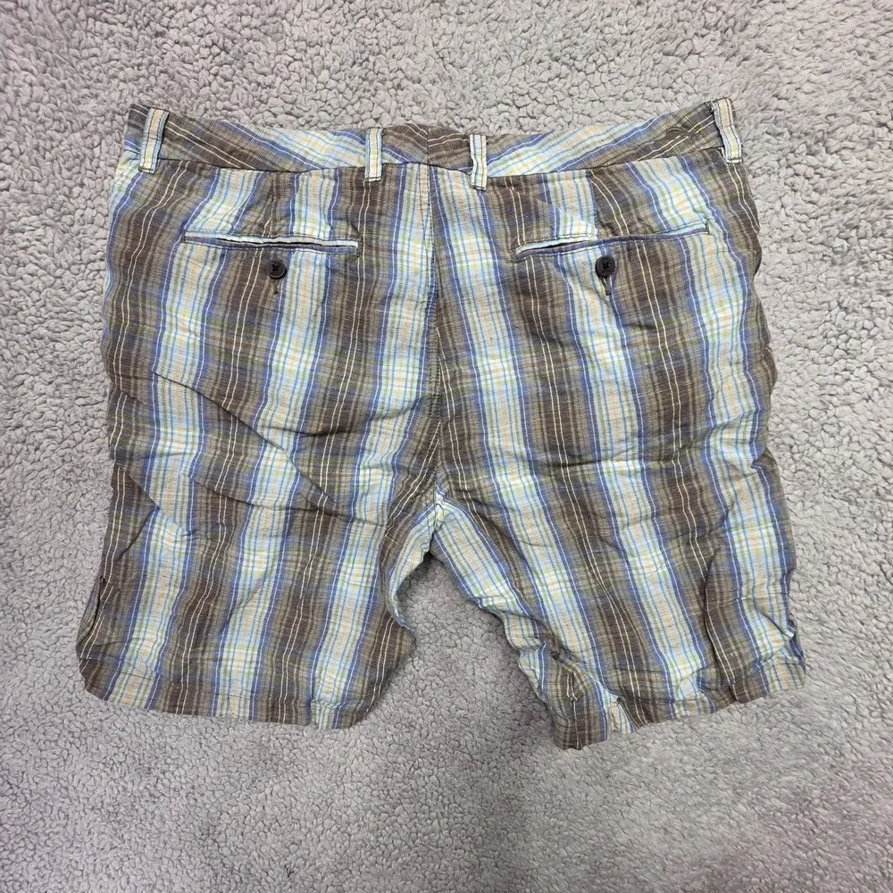 Tommy Bahama Shorts Mens Size 38 X 10 Blue Plaid Linen‎ Casual Flat Front Chino